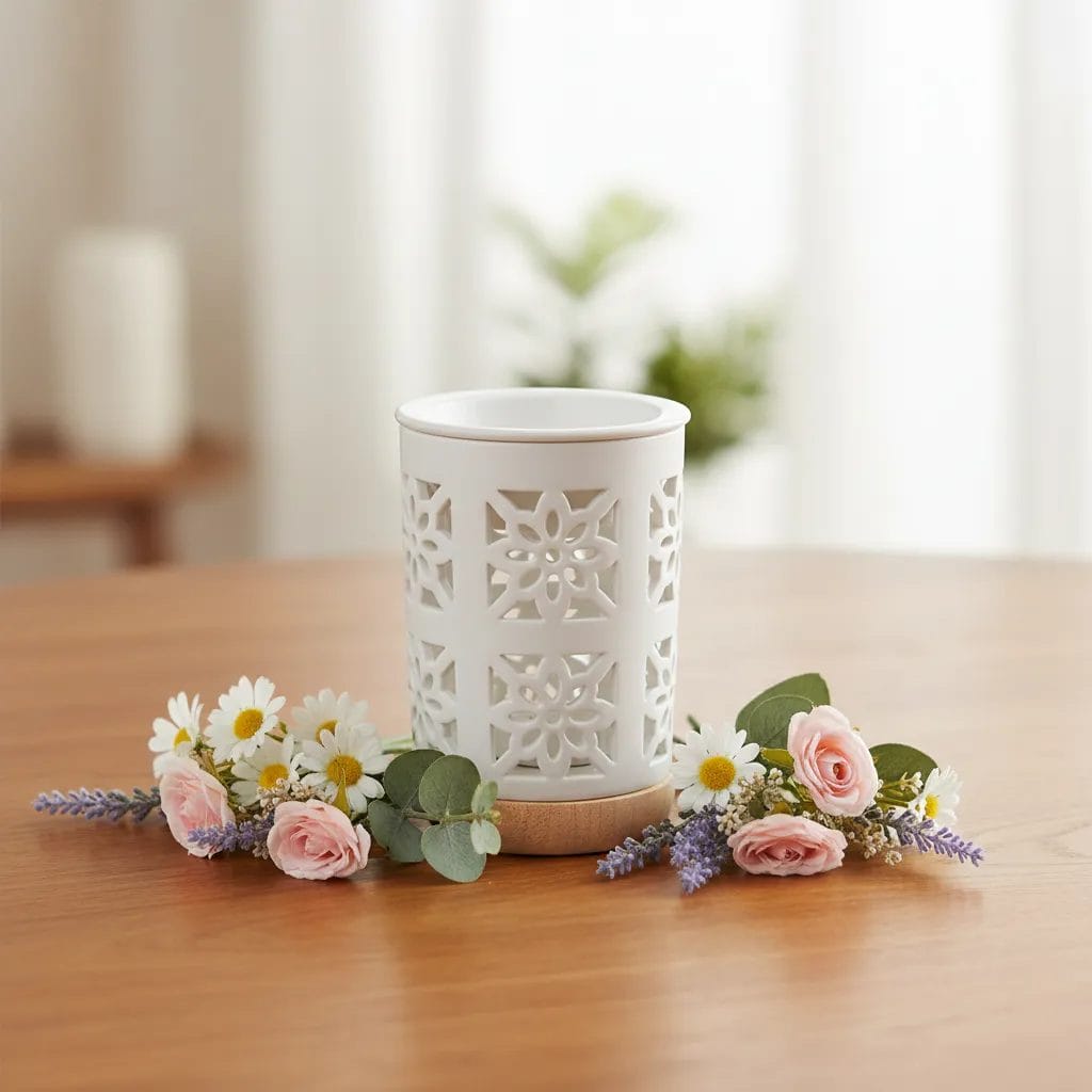 Kominek ceramiczny do wosku i olejków zapachowych - Duży Biały kwiat 3 Kominek ceramiczny do wosku i olejków zapachowych - Duży Biały kwiat - obrazek 3