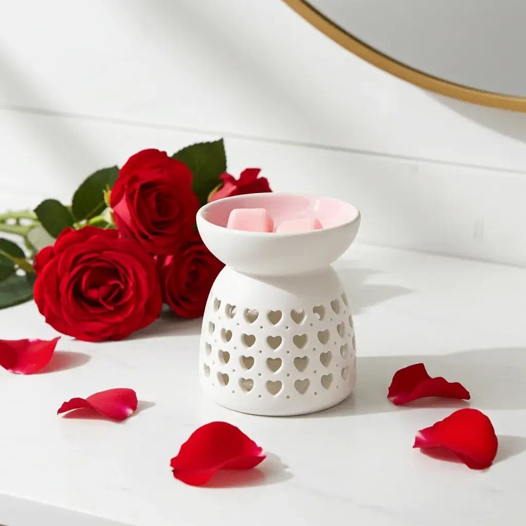 Biały ceramiczny kominek do wosków Makandulo z motywem serduszek – widok produktu