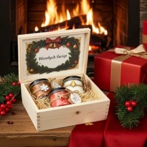 świąteczny zestaw prezentowy świec w skrzynce drewnianej makandulo. Gotowy prezent pod choinkę