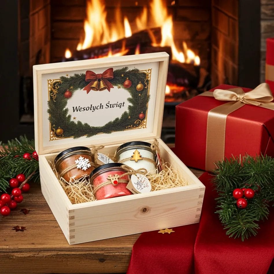 Świąteczny zestaw świec w skrzynce drewnianej - 3 świece Makandulo| Gotowy Prezent pod choinkę 1 świąteczny zestaw prezentowy świec w skrzynce drewnianej makandulo. Gotowy prezent pod choinkę