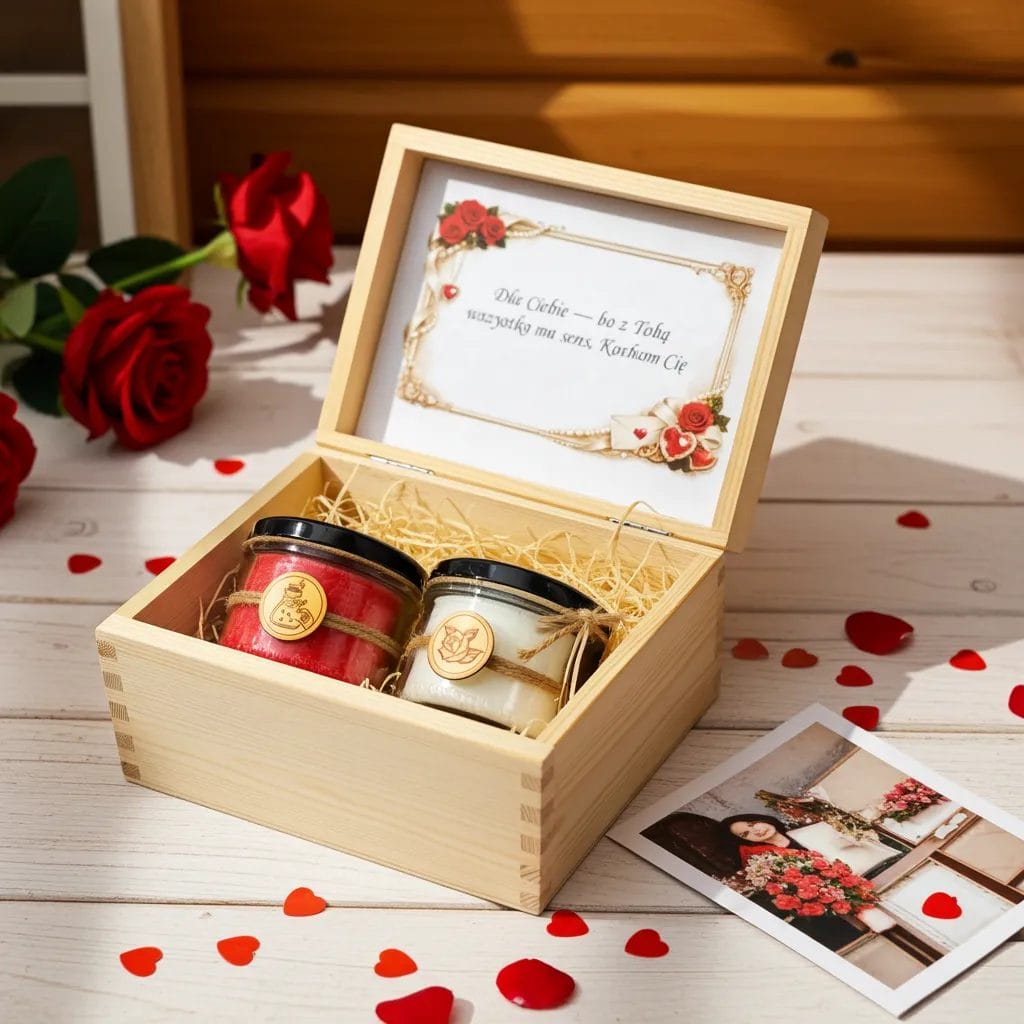 Zestaw prezentowy na Walentynki Makandulo – 2 świece 165 ml w drewnianej skrzynce + dedykacja | Makandulo 9 Zestaw na Walentynki Makandulo — świeca Eliksir Miłości i romantyczny klimat