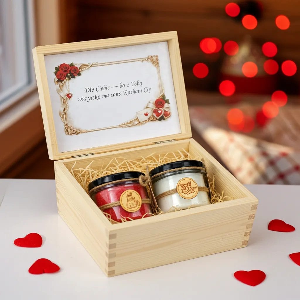 Zestaw prezentowy na Walentynki Makandulo – 2 świece 165 ml w drewnianej skrzynce + dedykacja | Makandulo 7 Zestaw prezentowy Makandulo na Walentynki — drewniana skrzynka z dwoma świecami