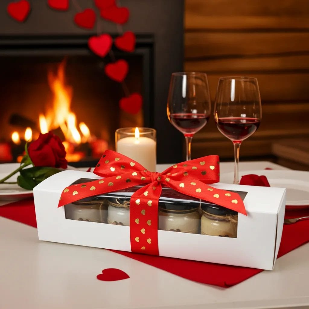 Walentynkowy zestaw 4 mini świec zapachowych – Eliksir Miłości, Róża, Wanilia, Rozgrzewająca Pomarańcza | Makandulo 6 Walentynkowy zestaw 4 mini świec Makandulo w pudełku z okienkiem